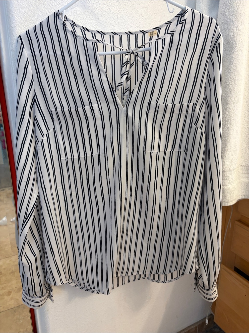 Striped V-Neck Long Sleeve Blouse - White & Black